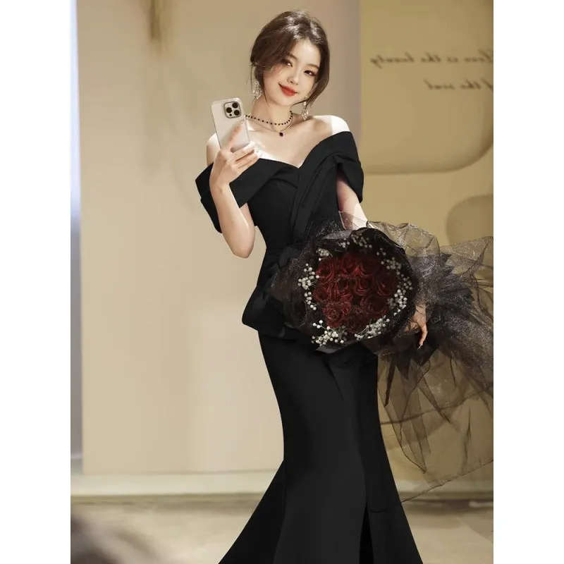 Wjczt Fishtail dress black evening dress light luxury 2024 new niche tail style banquet annual meeting host slim
