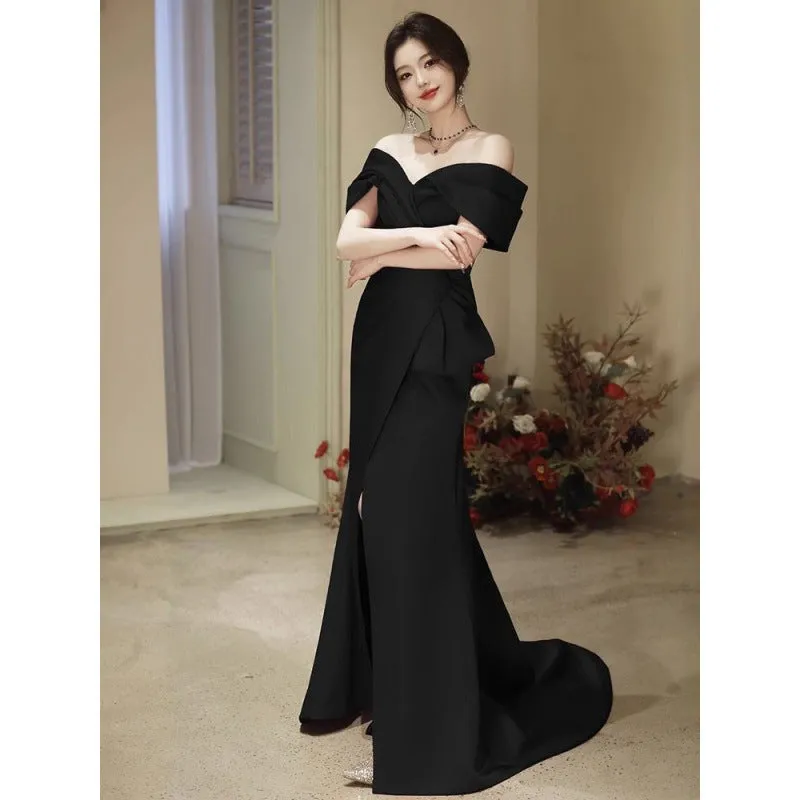 Wjczt Fishtail dress black evening dress light luxury 2024 new niche tail style banquet annual meeting host slim