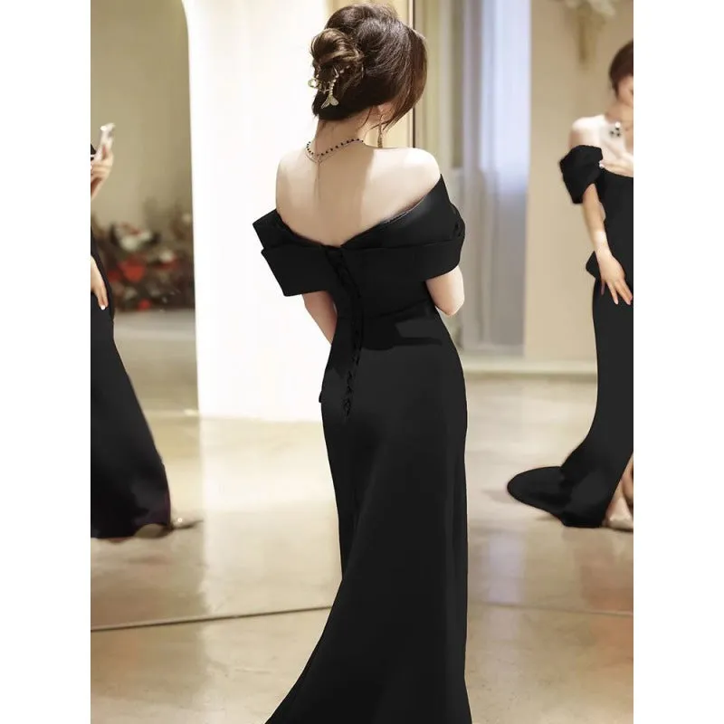 Wjczt Fishtail dress black evening dress light luxury 2024 new niche tail style banquet annual meeting host slim