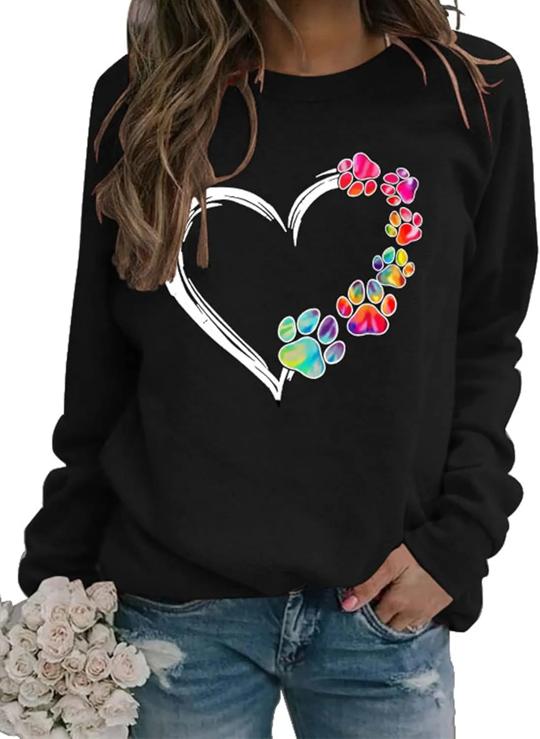 Womens Dog Paw Sweatshirt Fleece Lined Crewneck Long Sleeve Valentines Shirt Dog Lover Gift Tops