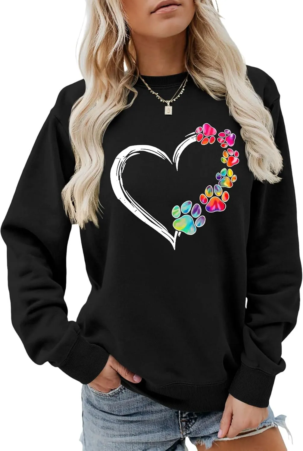 Womens Dog Paw Sweatshirt Fleece Lined Crewneck Long Sleeve Valentines Shirt Dog Lover Gift Tops