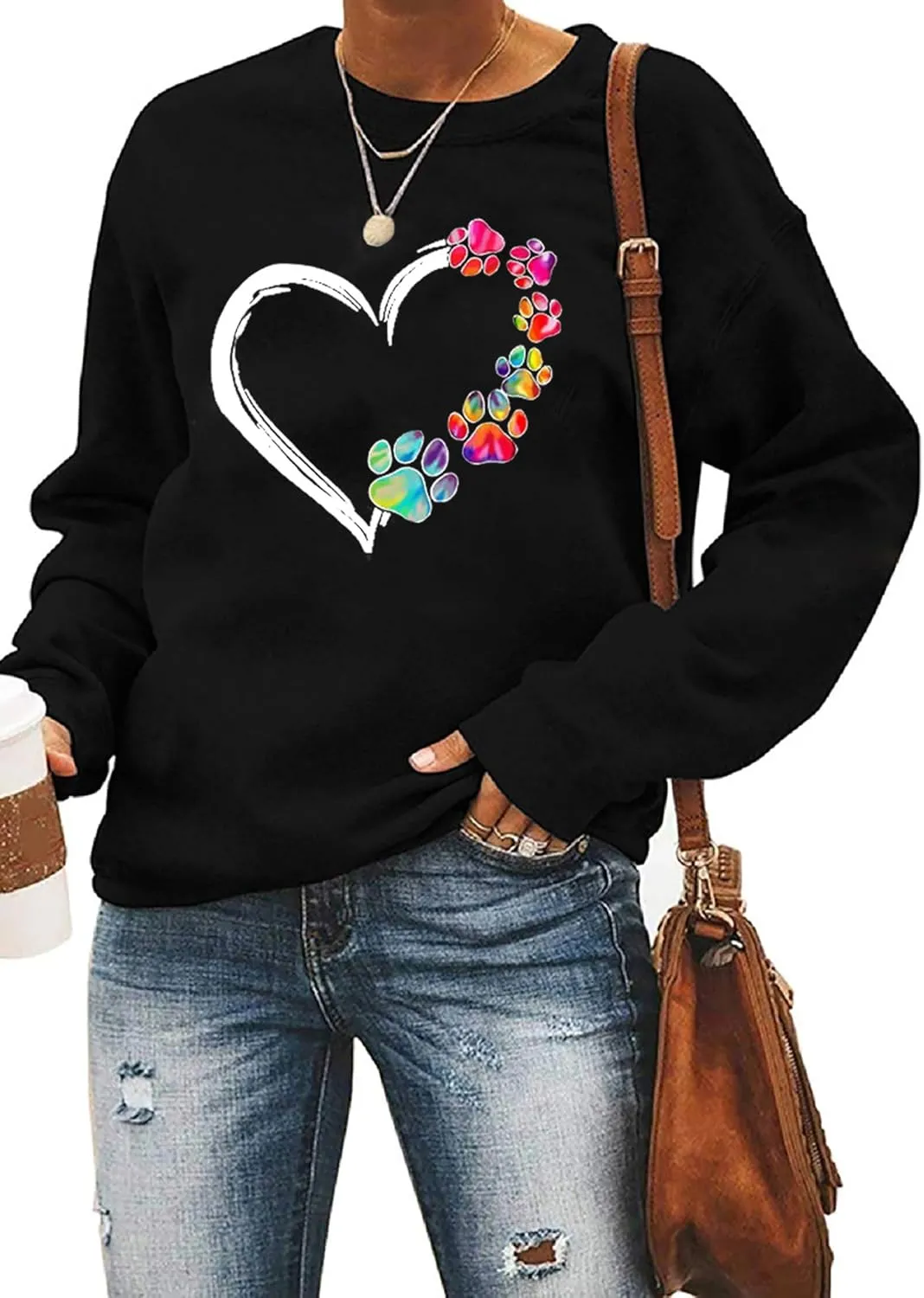 Womens Dog Paw Sweatshirt Fleece Lined Crewneck Long Sleeve Valentines Shirt Dog Lover Gift Tops