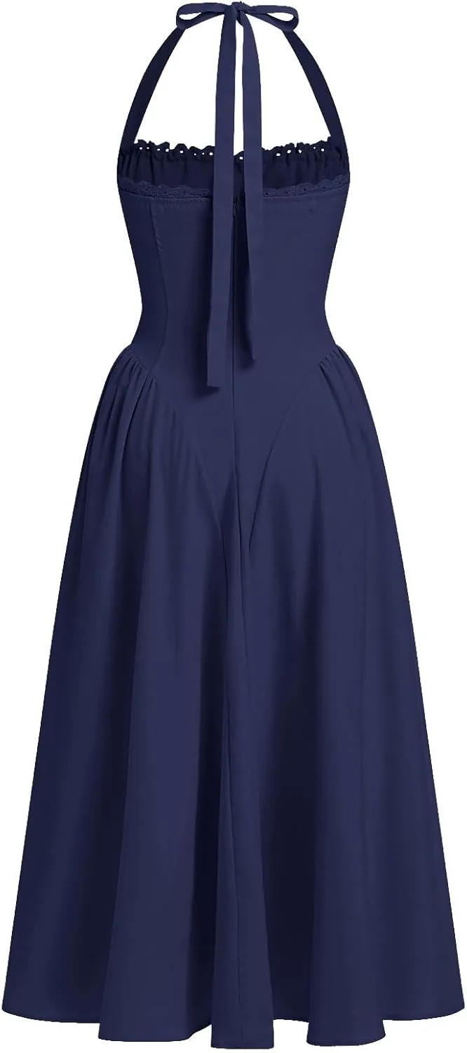 Women’s Summer Floral Corset Dress Casual Party Midi Sun Dress Boho Flowy Lace Up Ruched Backless Milk Maid Dress