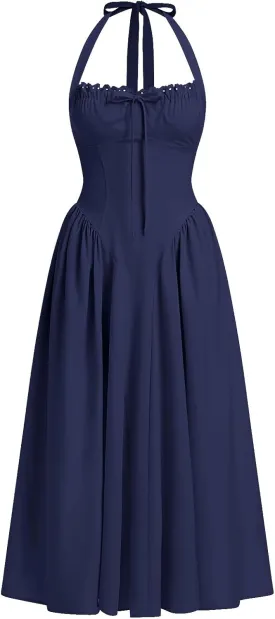 Women’s Summer Floral Corset Dress Casual Party Midi Sun Dress Boho Flowy Lace Up Ruched Backless Milk Maid Dress